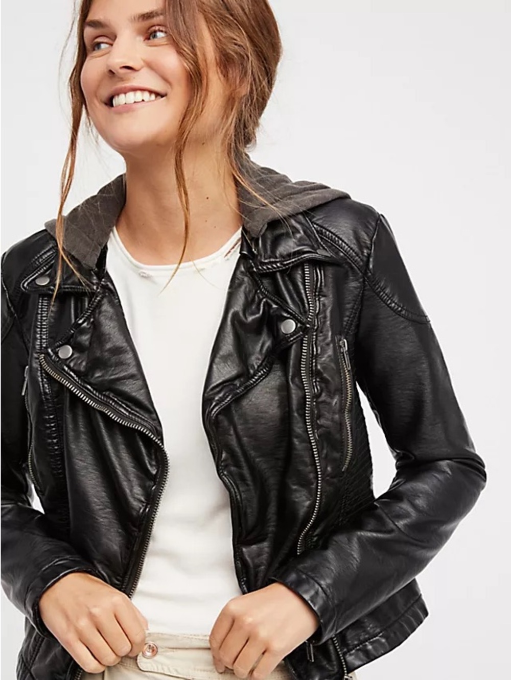 Free People Vegan Leather Hooded Moto Jacket Size Small